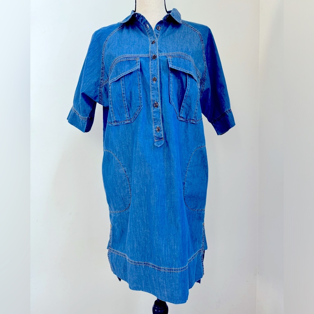 Banana Republic Womens Y2K Denim Dress Size M Blue Country Preppy Modest Pockets